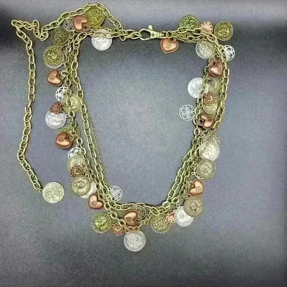 Rare Antique Gold,Silver Plated Coin Charm Multi Chain Necklace/Belt